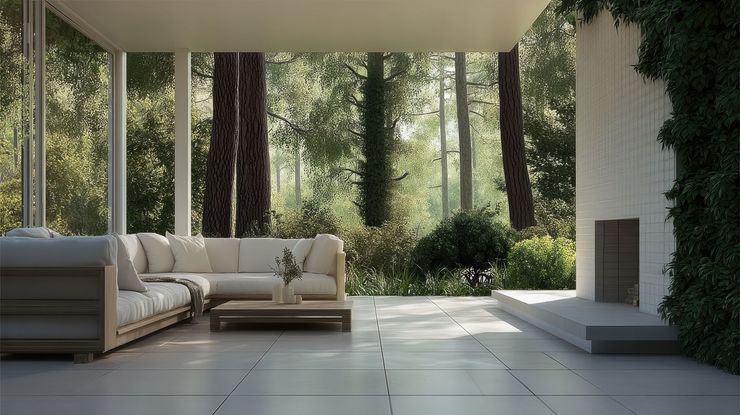 Un espace de vie moderne avec un canapé, une cheminée et de grandes fenêtres donnant sur une forêt.