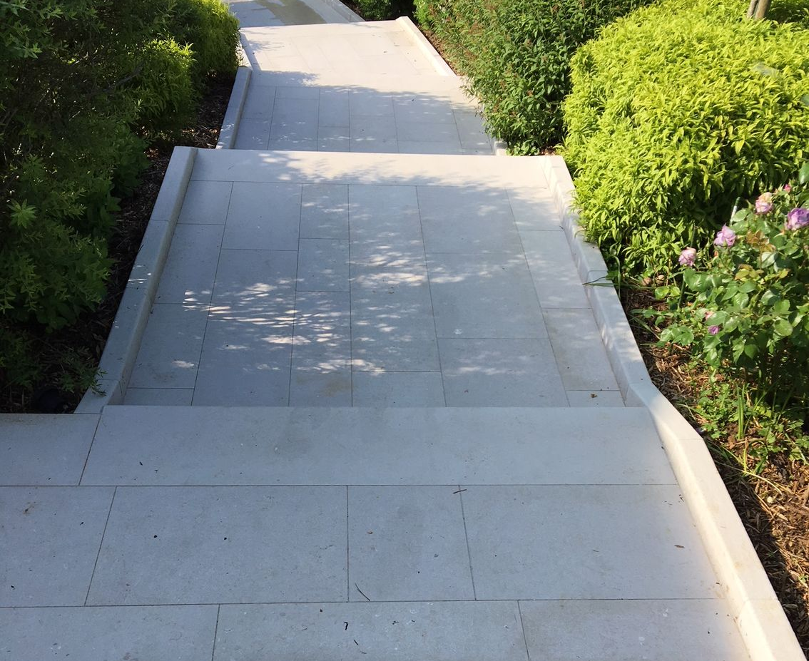 Des marches en pierre descendent à travers un jardin avec des buissons verts luxuriants de chaque côté.