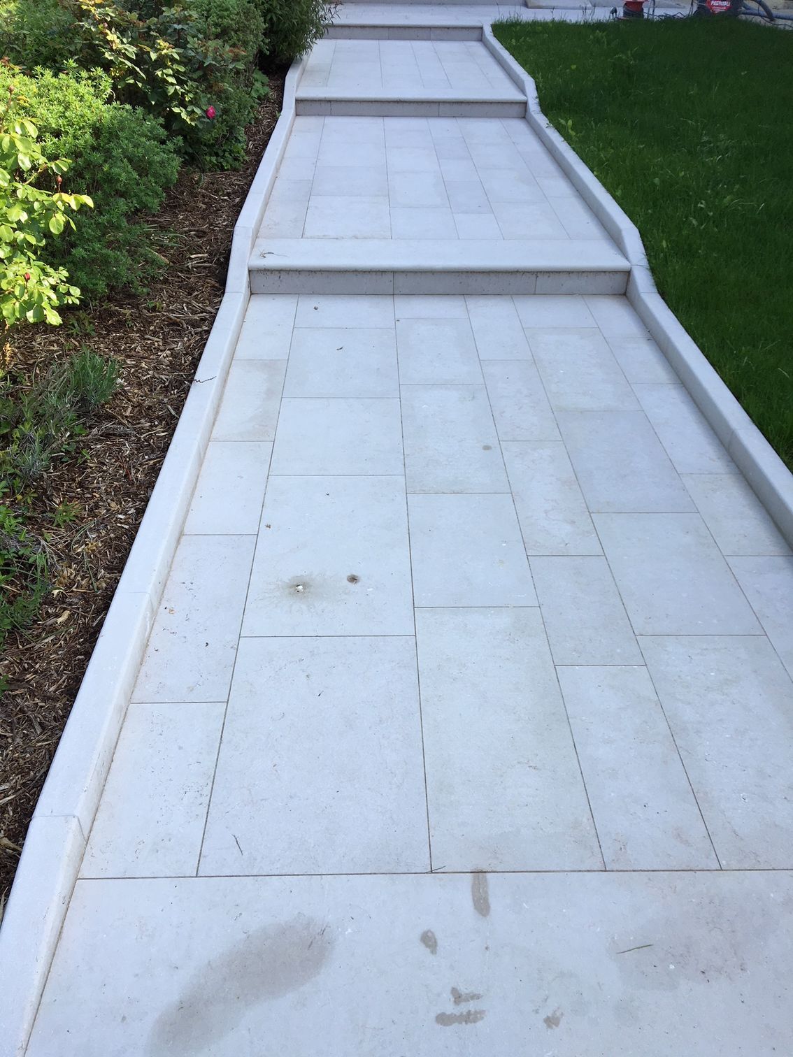 Chemin en pierre avec marches, bordé de buissons et d'herbe.