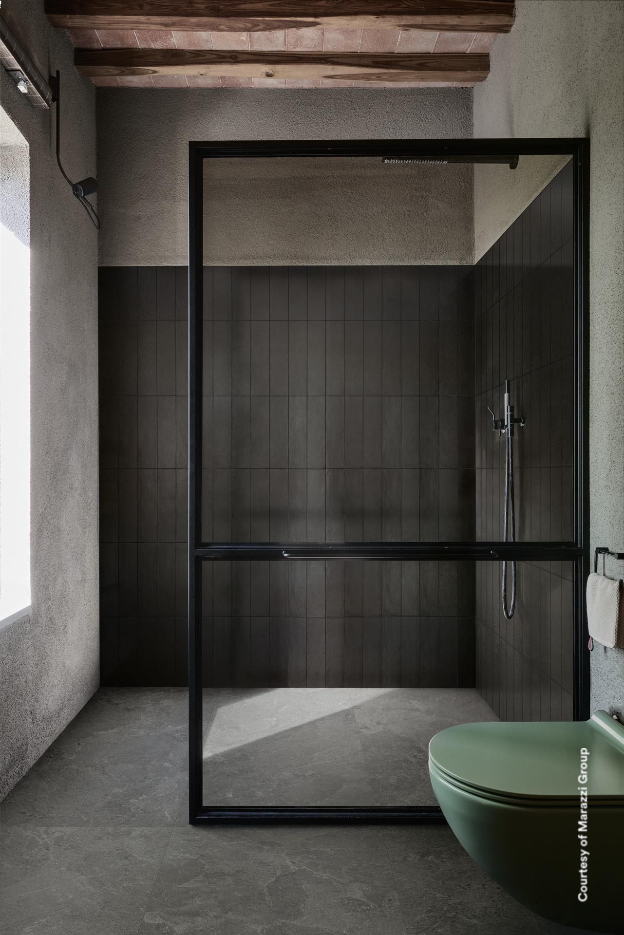 Salle de bain sombre avec cabine de douche noire, mur carrelé foncé, toilettes vertes et poutres apparentes.