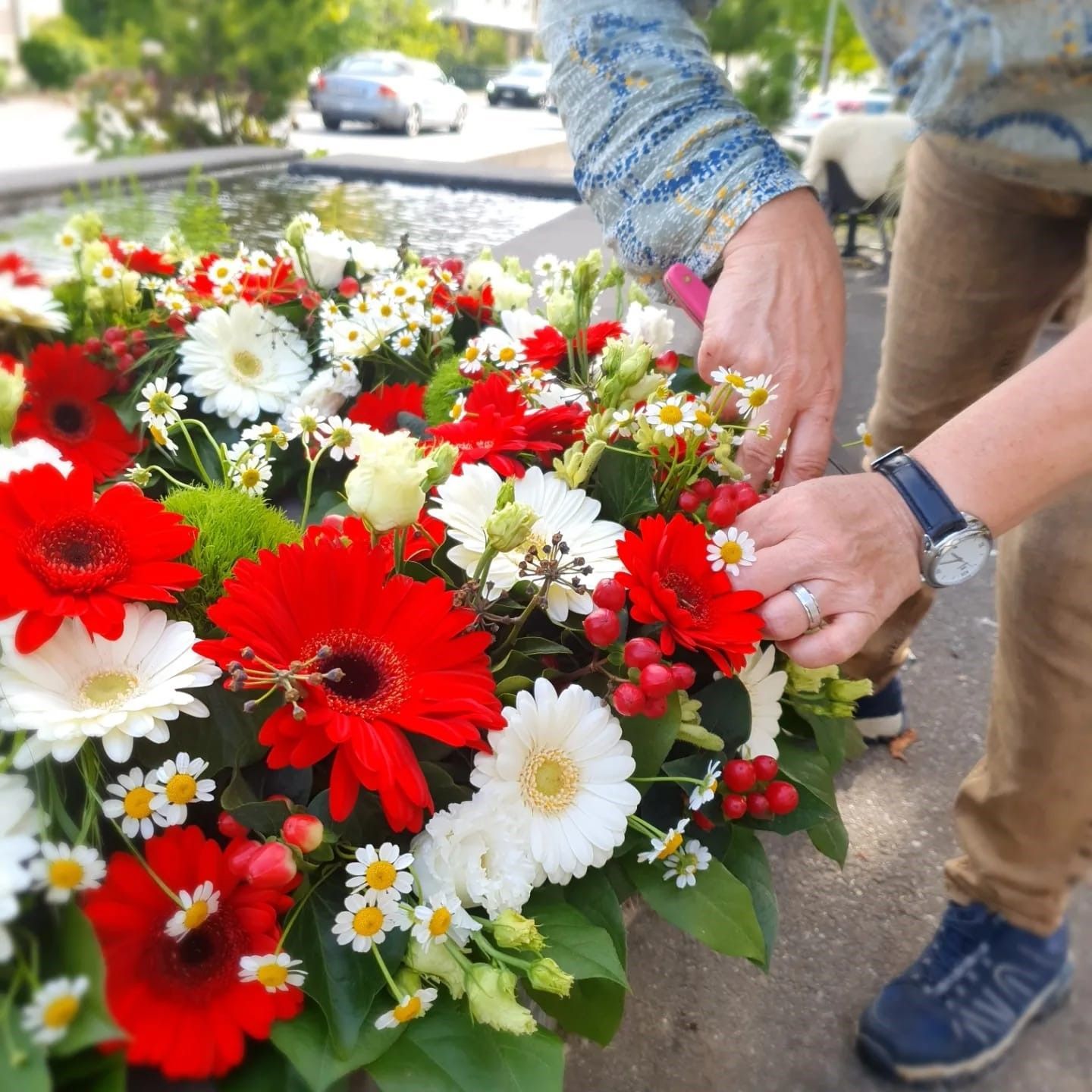Eine Person mit einer Uhr arrangiert rote und weiße Blumen