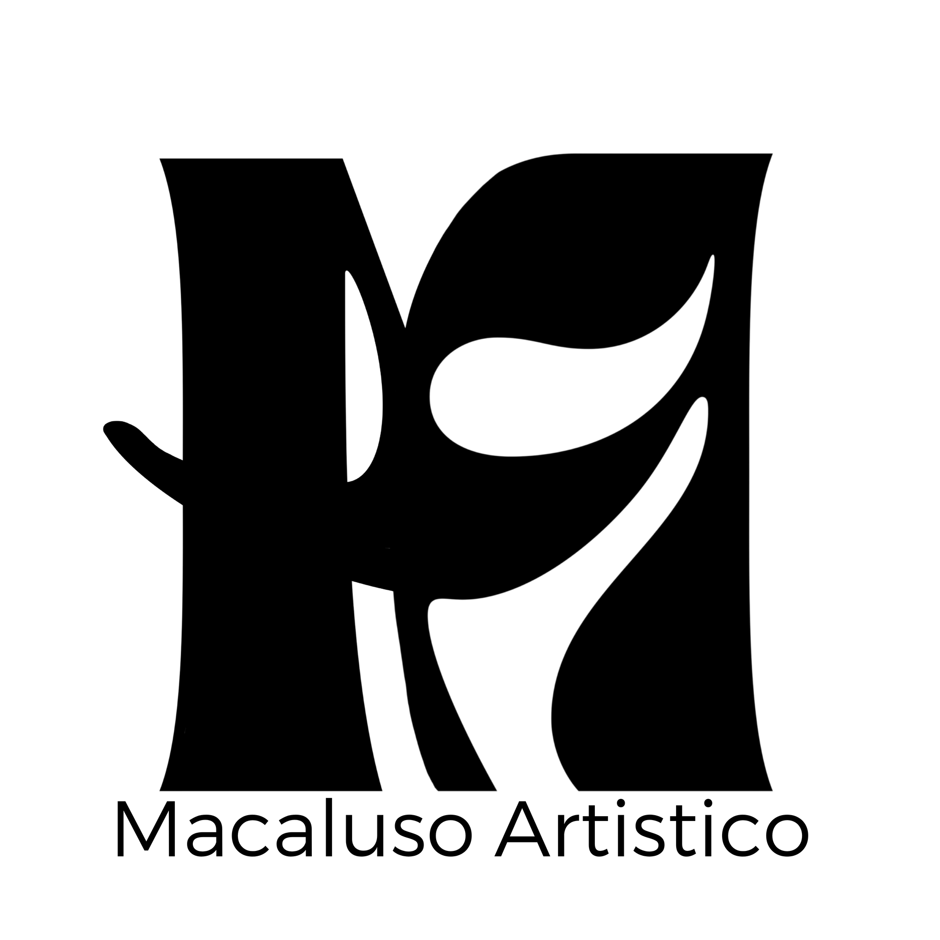 Schwarz-weißes Logo: Stilisiertes „M“ mit baumartigen Formen und dem Text „Macaluso Artistico“ darunter.
