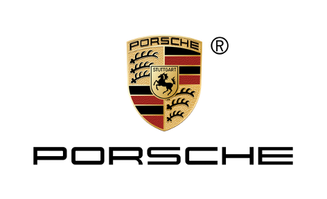 Porsche-Logo: Wappen mit schwarzen, roten und goldenen Details; darunter „PORSCHE“ in schwarzer serifenloser Schriftart.
