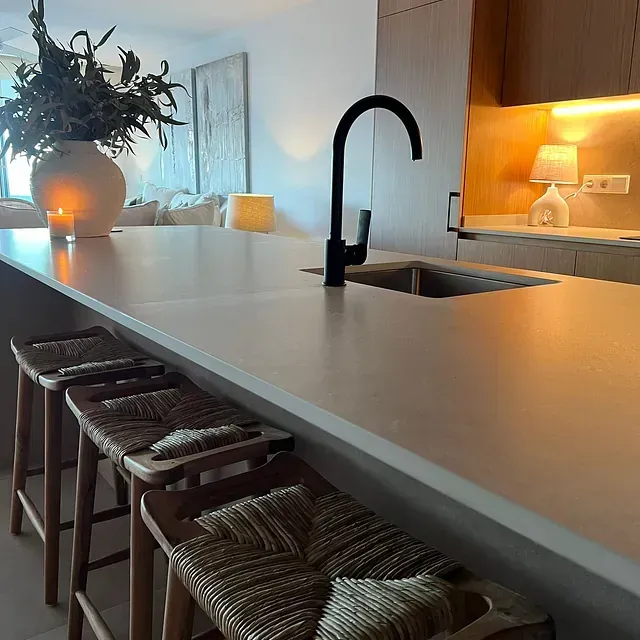 Una encimera de cocina con un fregadero y un jarrón de flores encima.