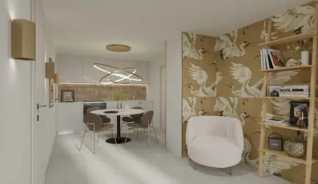 Una sala de estar con una mesa, sillas y una estantería.