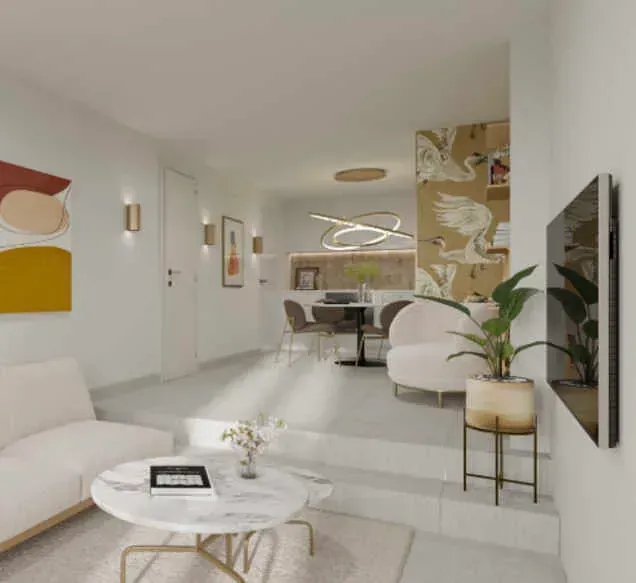 Una sala de estar con sofá, mesa, silla y televisión.