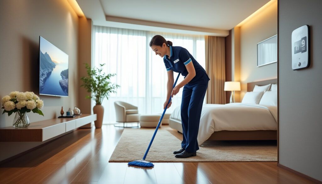 Une personne passe la serpillière bleue dans une pièce lumineuse, portant des gants jaunes et un jean bleu.