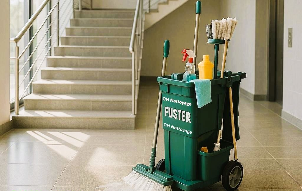 Une personne transporte un seau bleu rempli de produits de nettoyage dans un centre commercial.