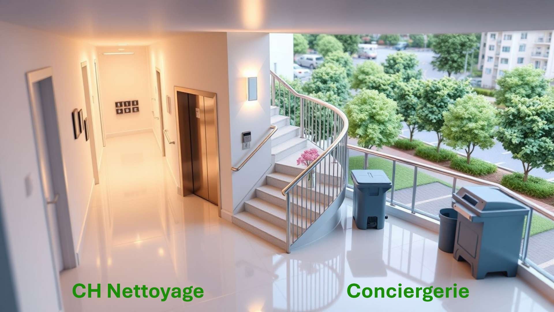 Une personne transporte un seau bleu rempli de produits de nettoyage dans un centre commercial.