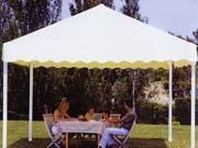 Un grupo de personas está sentado en una mesa bajo una carpa blanca.