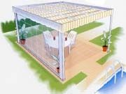 Un dibujo de una pérgola con una mesa y sillas debajo.