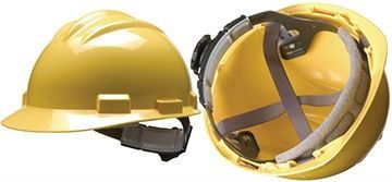 Se muestra un casco amarillo sobre un fondo blanco.