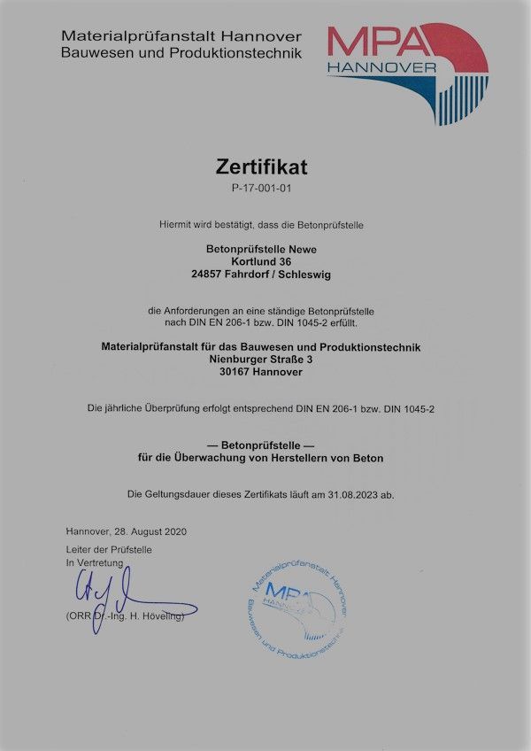 Zertifikat | Betonprüfstelle Newe GbR