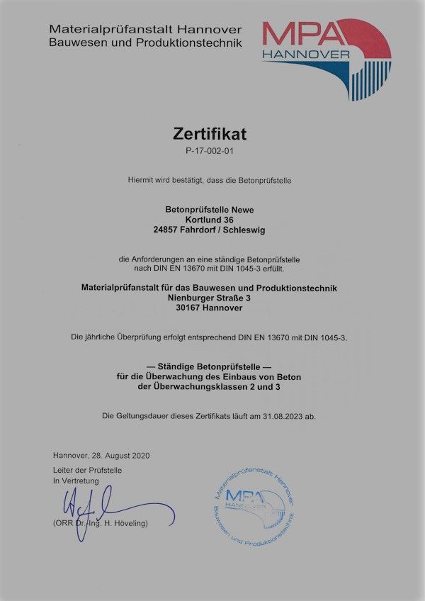 Zertifikat | Betonprüfstelle Newe GbR