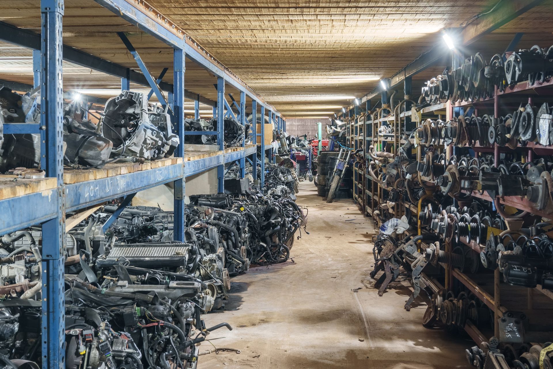 Différentes pièces auto sur des étagères métalliques