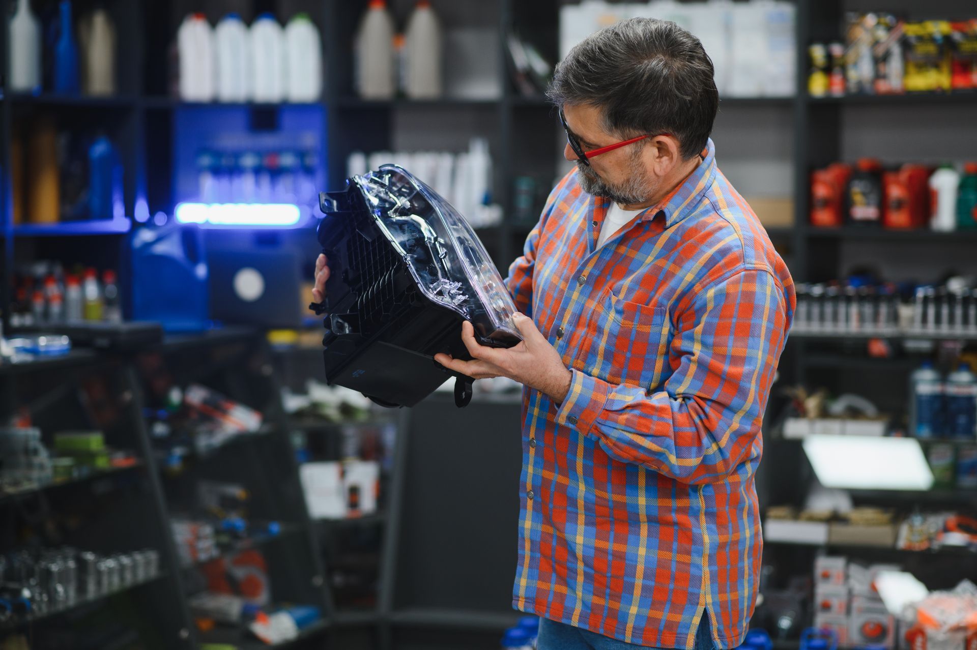 Un homme en train de regarder de près une pièce de phare de véhicule.