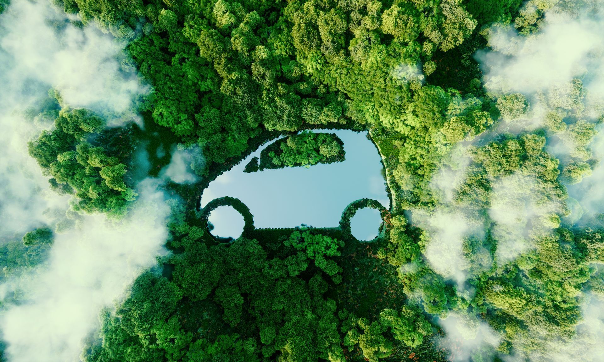 Concept d'une étendue d'eau en forme de voiture dans une forêt