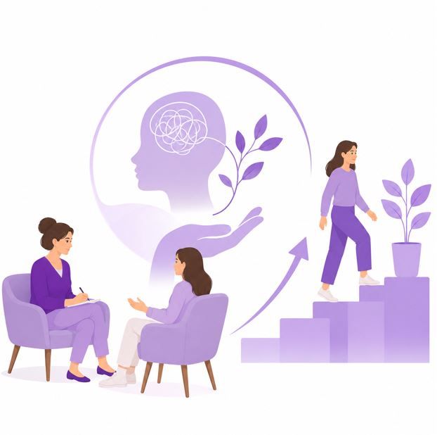 Tres personas vestidas de morado conversan sobre 