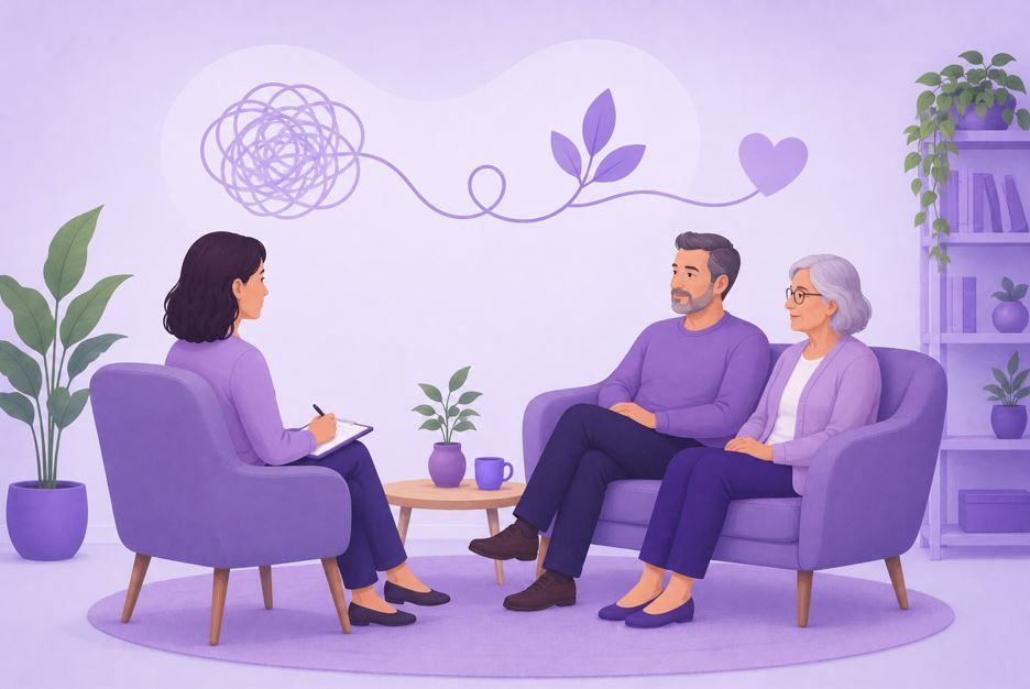 Terapeuta y pareja conversando en una tranquila sala de terapia de color púrpura, con plantas y asientos cómodos.