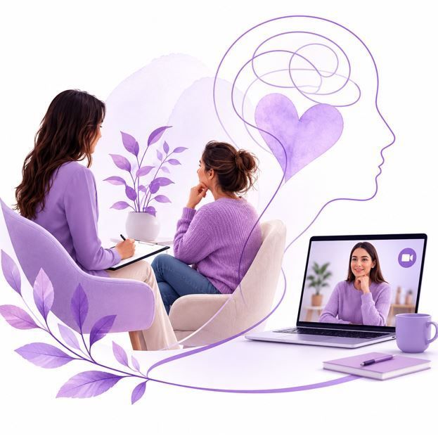 Terapeuta y paciente en una sesión de terapia en tonos morados, con una videollamada en una computadora portátil cercana.