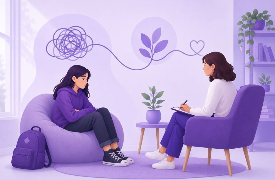 Terapeuta y paciente en una sala de terapia de color 