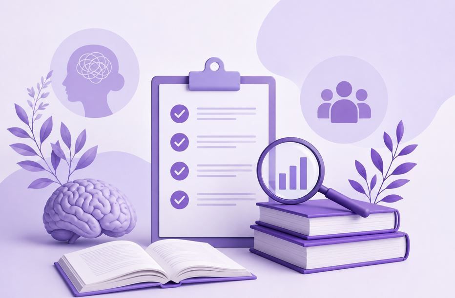 Ilustración morada sobre educación y análisis con libros, portapapeles, lupa, cerebro e iconos de usuario.