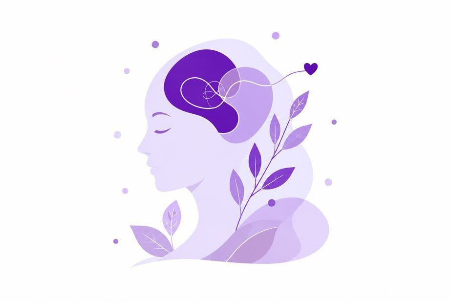 Silueta morada de un rostro con un cerebro, hojas y un pequeño corazón, que simboliza la salud mental y el crecimiento.