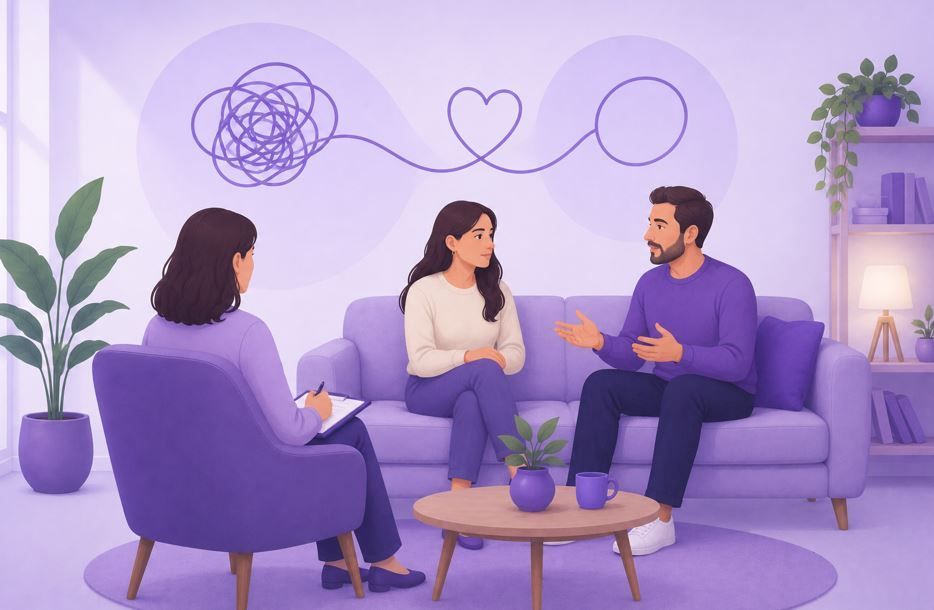 Tres personas en una sala de terapia de color púrpura conversando en sofás, con un sofá, una mesa de centro y una planta.