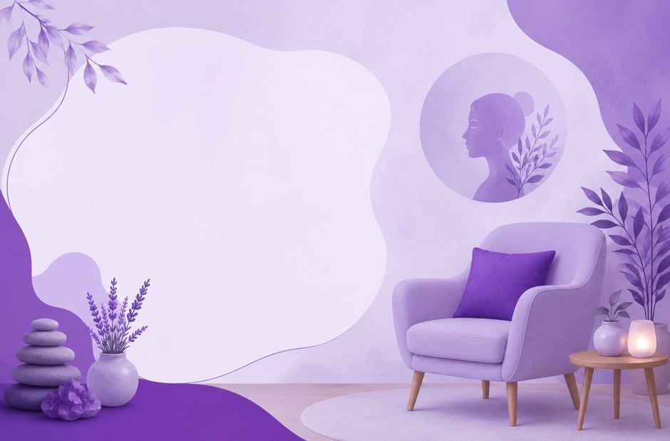 Sala de estar de color morado pastel con un sillón acogedor, una mesa auxiliar, cuadros, plantas y una pared vacía.