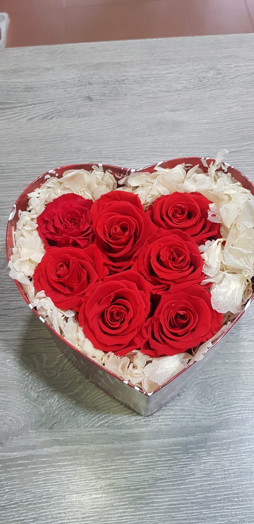 Una caja en forma de corazón llena de rosas rojas sobre una mesa.