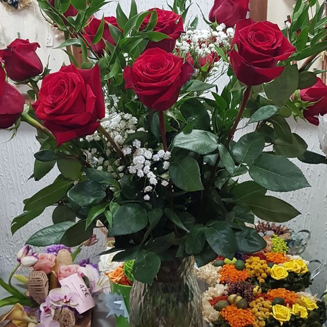 Un jarrón lleno de rosas rojas y aliento de bebé.