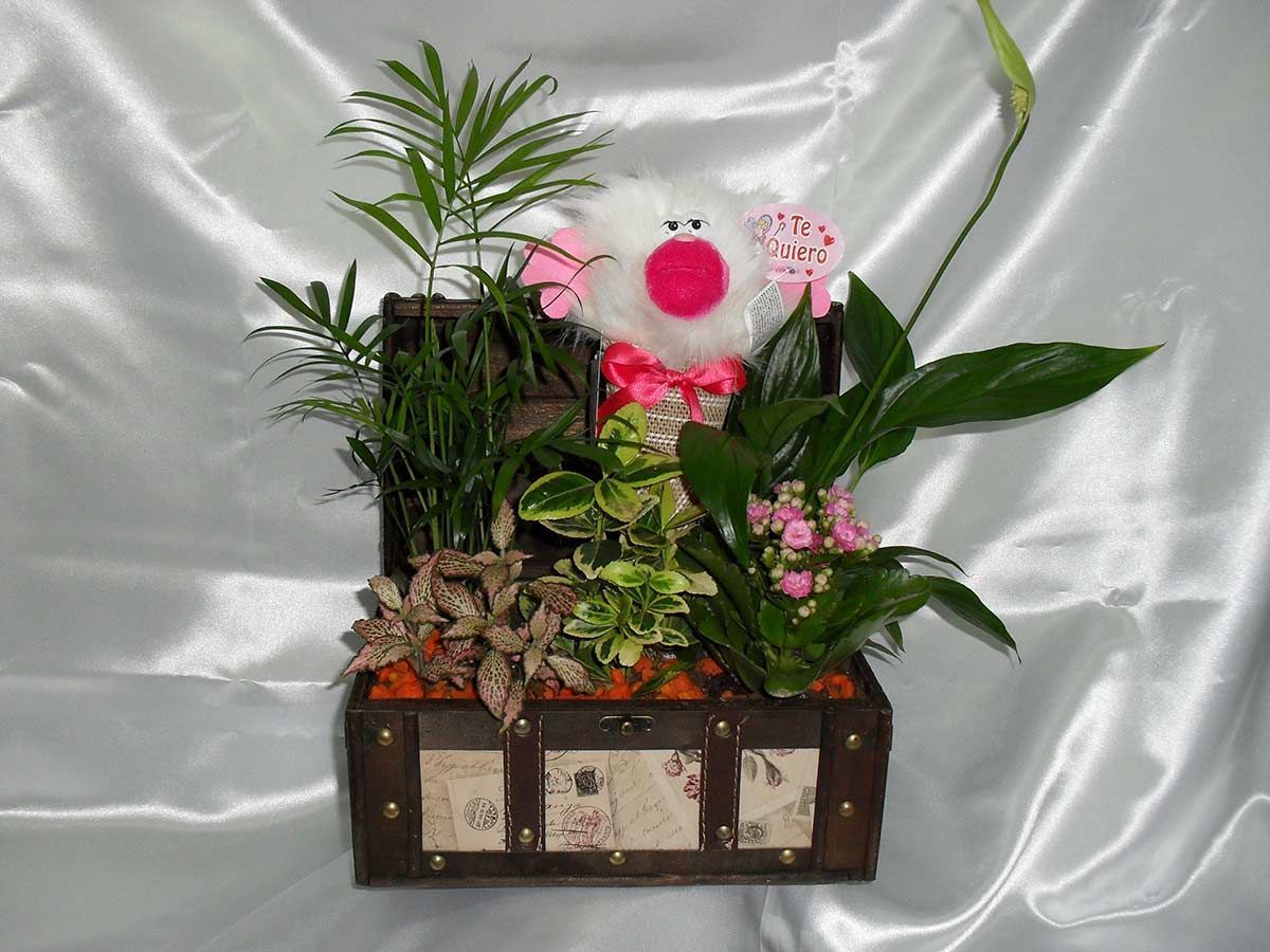 Un baúl lleno de flores y un animal de peluche.