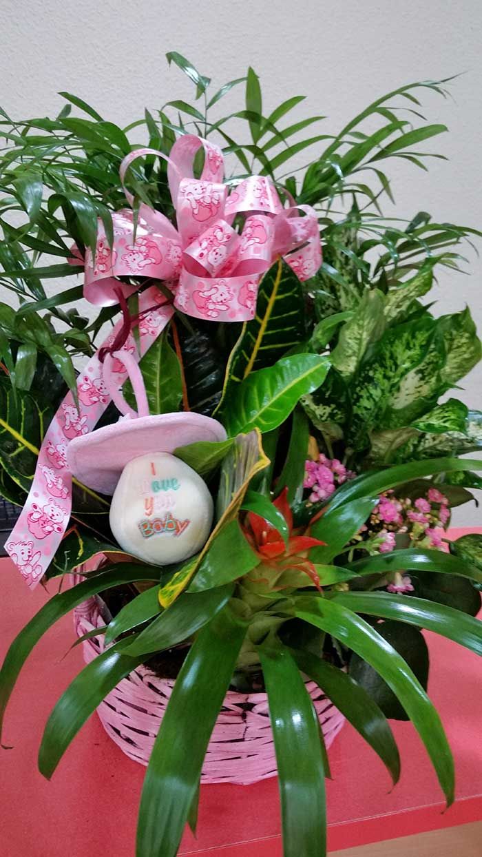 Una cesta llena de flores y un chupete sobre una mesa.