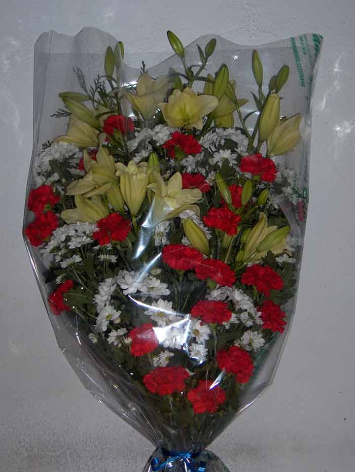 Un ramo de flores rojas y blancas envuelto en plástico.