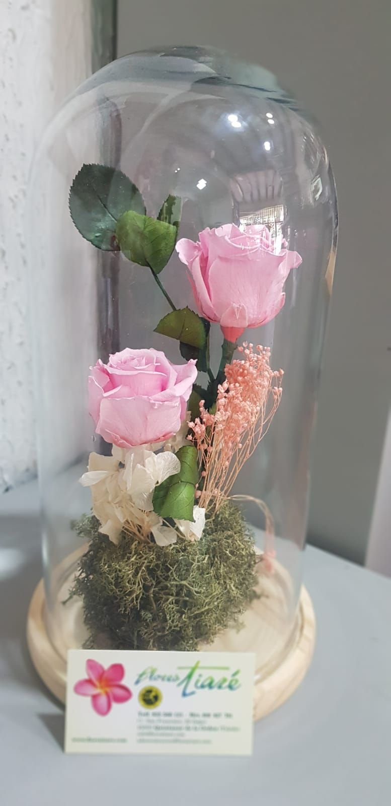 Una cúpula de cristal llena de rosas rosadas y musgo.