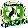 Logo de peluquería para mascotas con perro y gato negros sobre huella verde, texto “Que guau!”