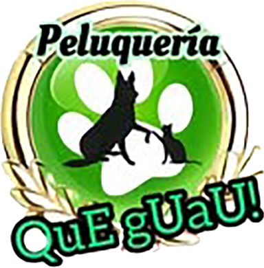 Logo de peluquería para mascotas con perro y gato negros sobre huella verde, texto “Que guau!”