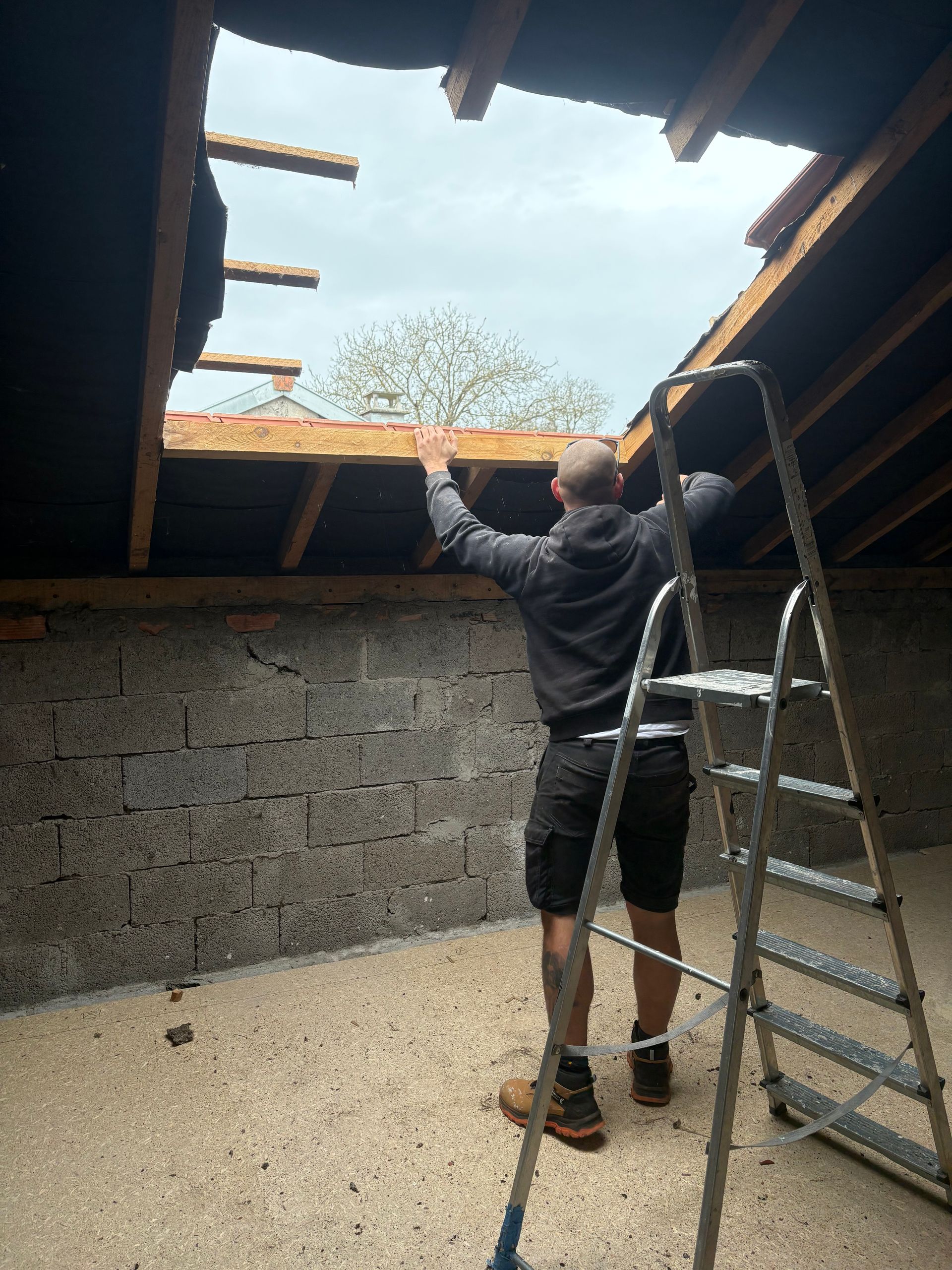 Un homme sur une échelle tend la main vers des poutres en bois dans un bâtiment dont le plafond est percé d'un trou.