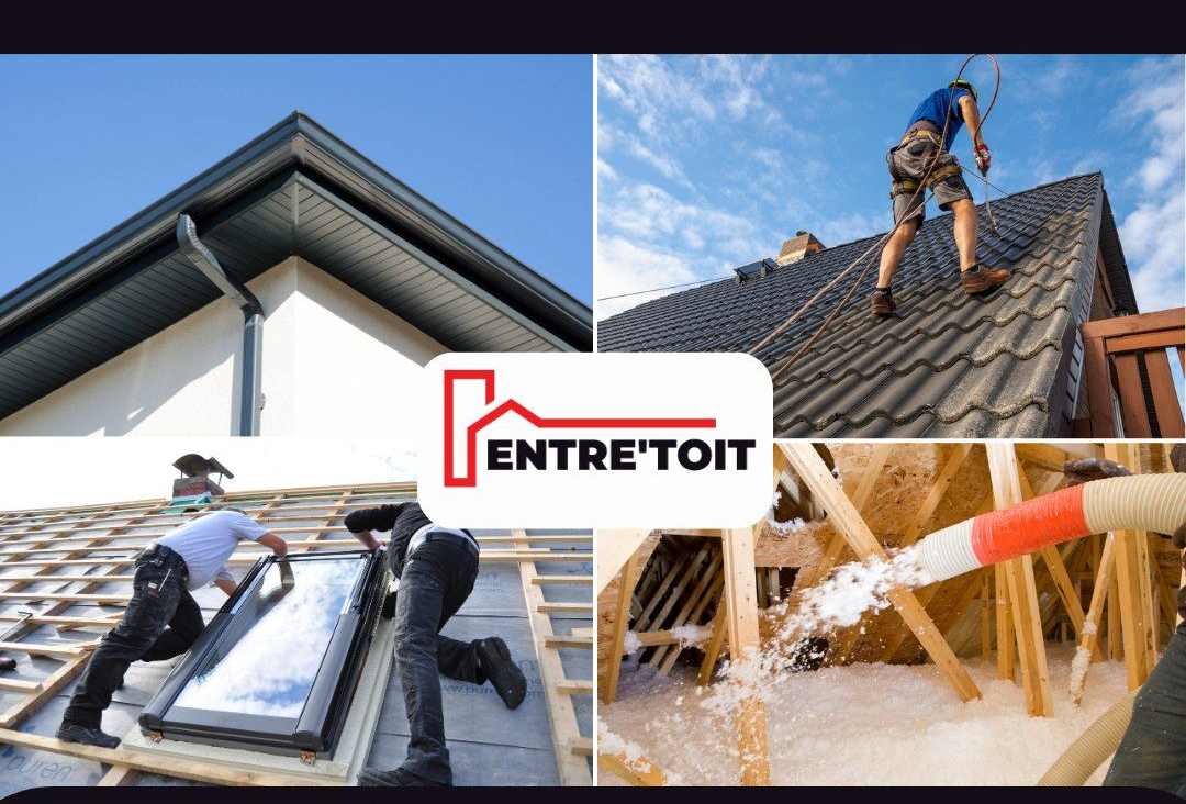 EntreToit, entreprise de toiture : installation, réparation, puits de lumière et isolation. Ciel bleu, ouvriers.
