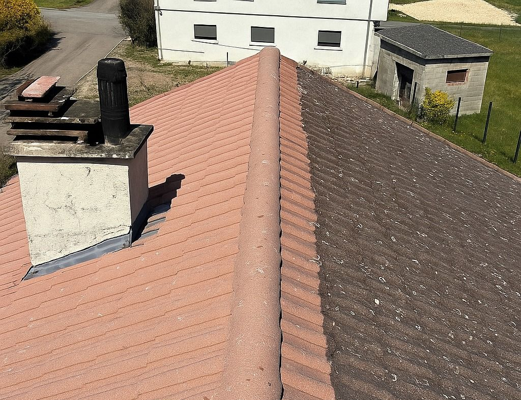 Toit de tuiles rouges avec cheminée, partiellement recouvert de débris sombres. 