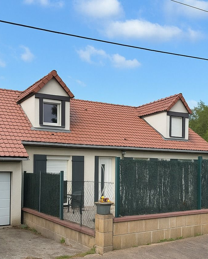 Une maison claire au toit de tuiles rouges et percée de deux lucarnes. Elle est entourée d'une clôture verte.