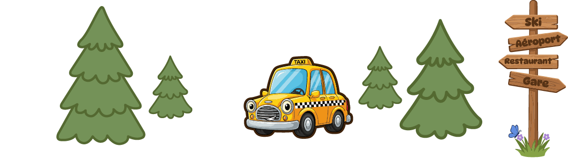 Dessin d'un taxi sur une route avec des panneaux de direction Aéroport, restaurant, ski et gare.