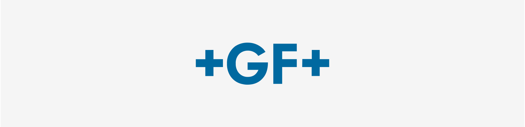 Das Logo von +gf+ ist blau und weiß auf weißem Hintergrund.