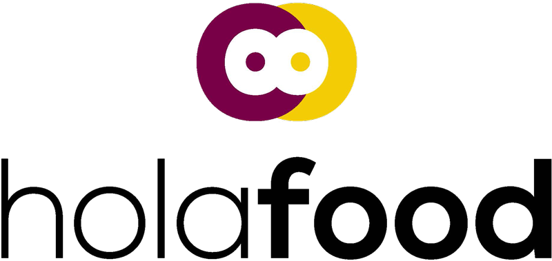 El logotipo de holafood es un círculo morado y amarillo con un círculo blanco en el medio.