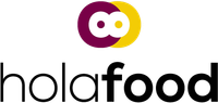 El logotipo de holafood es un círculo morado y amarillo con un círculo blanco en el medio.