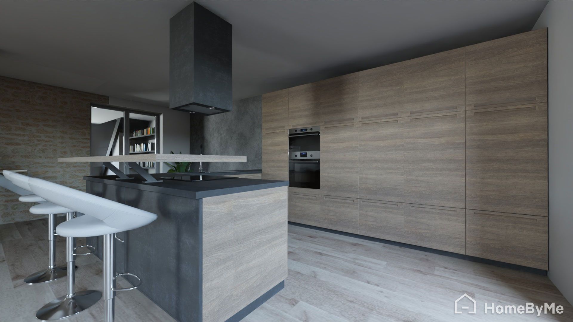 Cuisine avec un îlot gris, tabourets de bar blancs et armoires à panneaux de bois comprenant un four et une hotte intégrés.