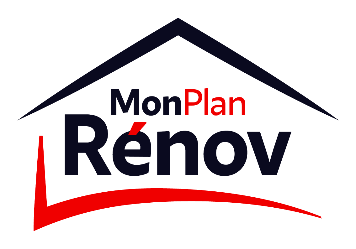 Logo pour MonPlan Rénov présentant le contour d'une maison bleu foncé, le nom de l'entreprise en caractères noirs et rouges
