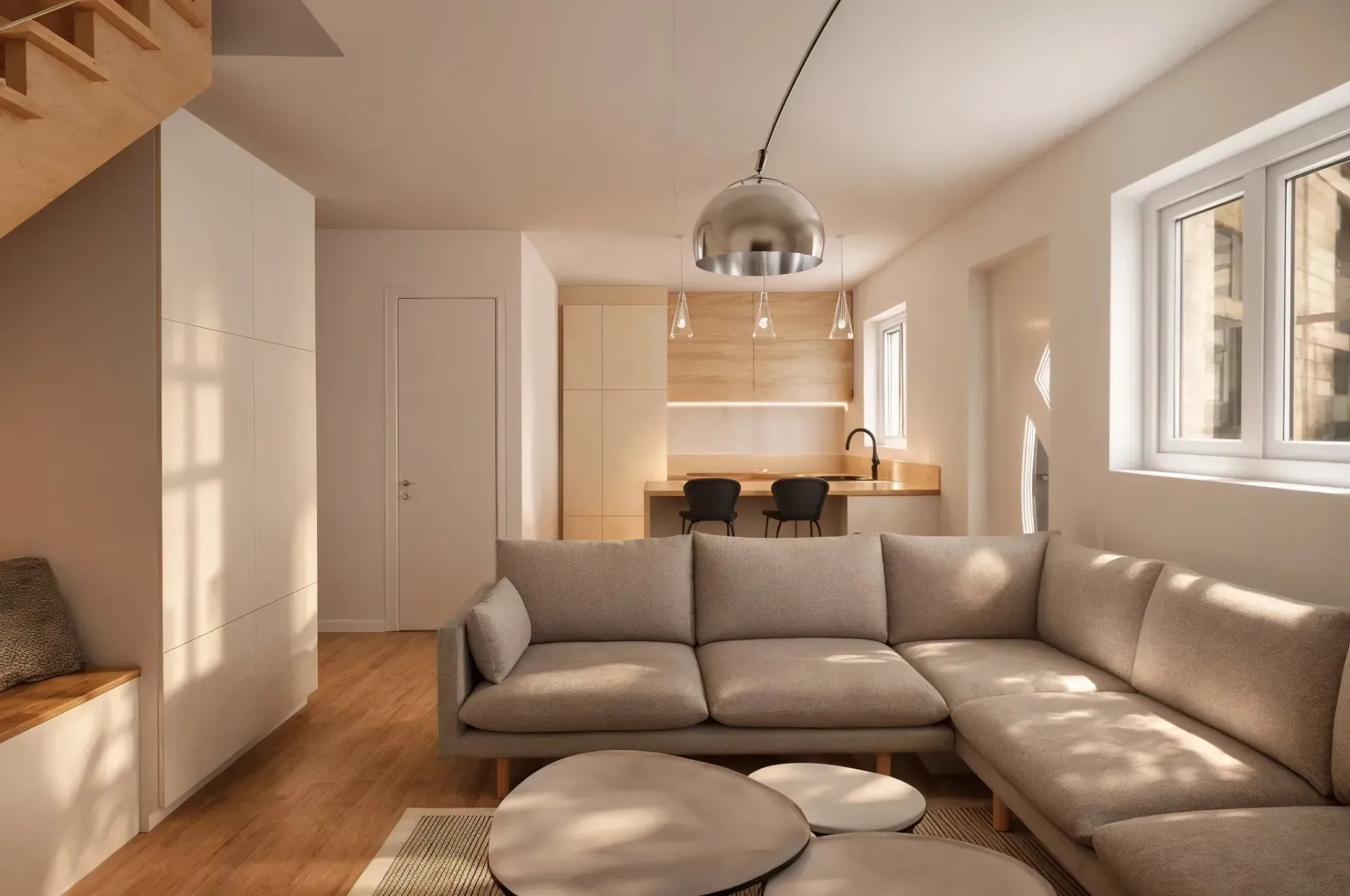 Un salon moderne aux tons neutres, avec un grand canapé d'angle beige, une table basse et une cuisine ouverte au fond.