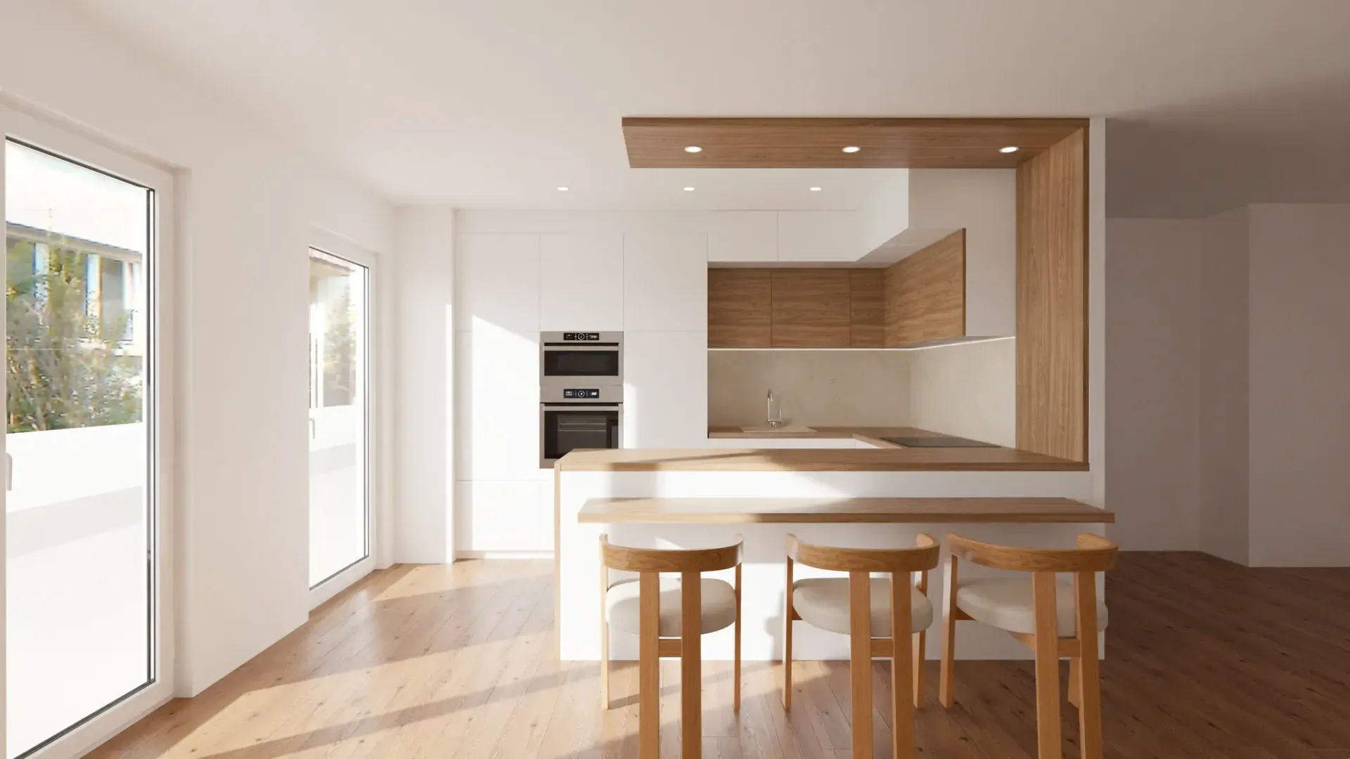 Cuisine moderne avec murs blancs, éléments en bois, four encastré et bar avec trois tabourets dans une pièce ensoleillée.