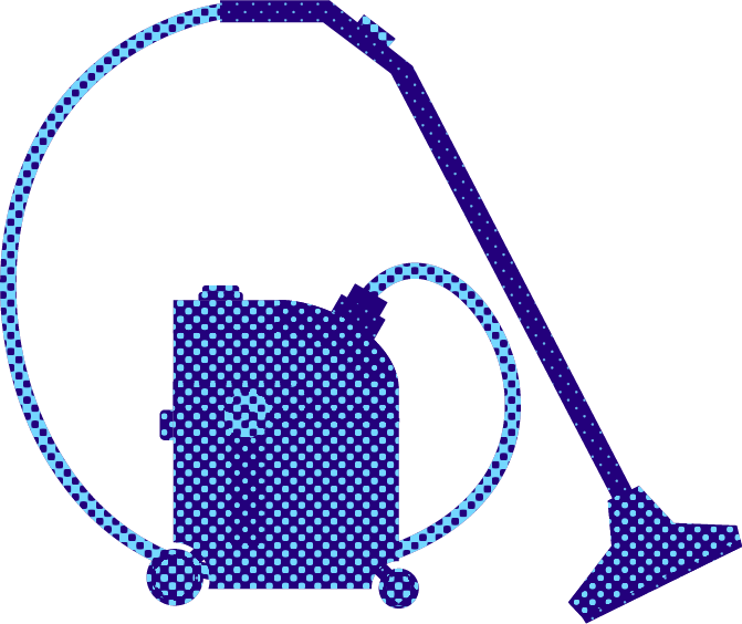 Blauer Staubsauger mit Schlauch und Bodenaufsatz.